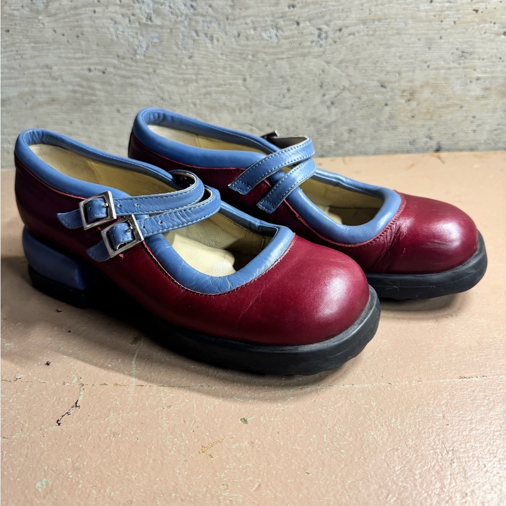 John Fluevog Burgundy and Blue Mary Jane Dress Shoes